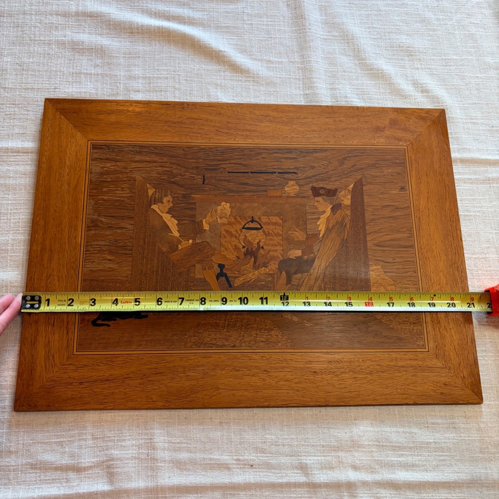 Vintage Wood Inlay Marquetry Art Colonial Tavern Scene Fireplace Cat 21x15 - Picture 6 of 9